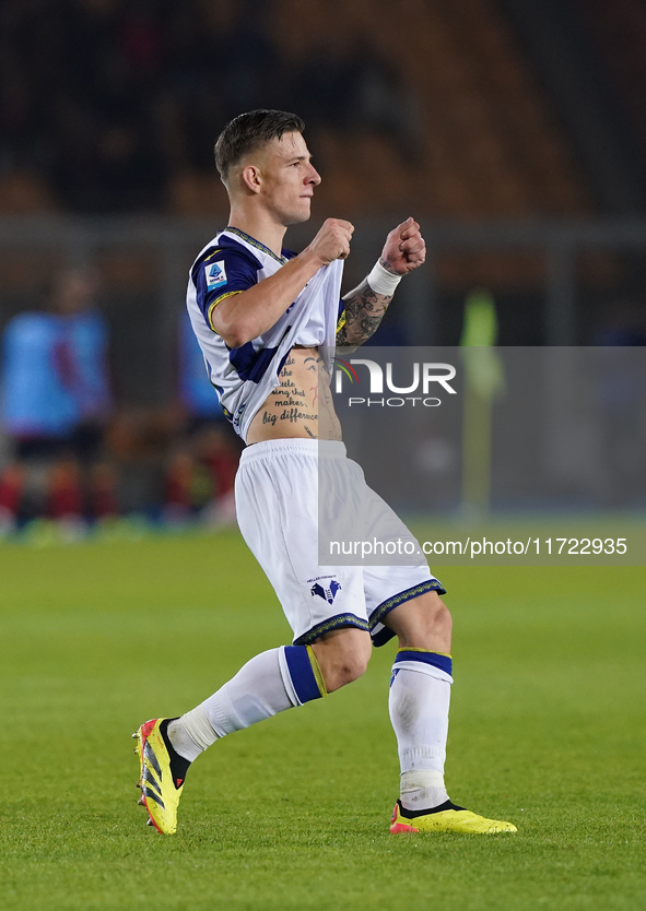 Tomas Suslov of Hellas Verona is in action during the Serie A match between Lecce and Verona in Lecce, Italy, on October 29, 2024. 