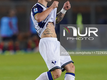 Tomas Suslov of Hellas Verona is in action during the Serie A match between Lecce and Verona in Lecce, Italy, on October 29, 2024. (