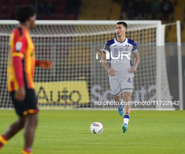 Diego Coppola of Hellas Verona is in action during the Serie A match between Lecce and Verona in Lecce, Italy, on October 29, 2024. 