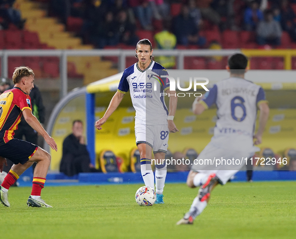 Daniele Ghilardi of Hellas Verona is in action during the Serie A match between Lecce and Verona in Lecce, Italy, on October 29, 2024. 