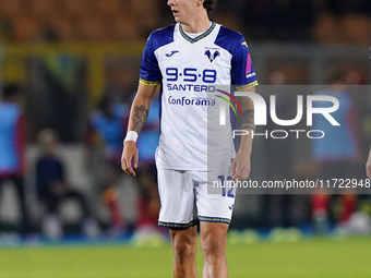 Domagoj Bradaric of Hellas Verona plays during the Serie A match between Lecce and Verona in Lecce, Italy, on October 29, 2024. (