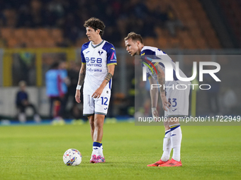 Domagoj Bradaric of Hellas Verona plays during the Serie A match between Lecce and Verona in Lecce, Italy, on October 29, 2024. (