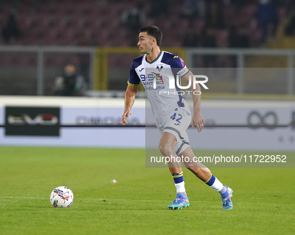 Diego Coppola of Hellas Verona is in action during the Serie A match between Lecce and Verona in Lecce, Italy, on October 29, 2024. 