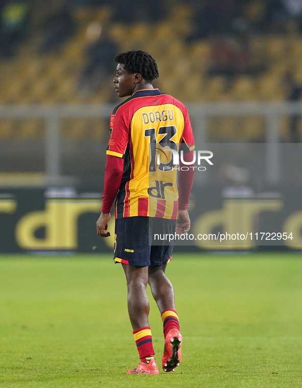 Patrick Dorgu of US Lecce is in action during the Serie A match between Lecce and Verona in Lecce, Italy, on October 29, 2024. 