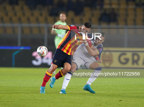 Nikola Krstovic of US Lecce is in action during the Serie A match between Lecce and Verona in Lecce, Italy, on October 29, 2024. 