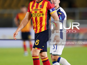 Federico Baschirotto of US Lecce is in action during the Serie A match between Lecce and Verona in Lecce, Italy, on October 29, 2024. (