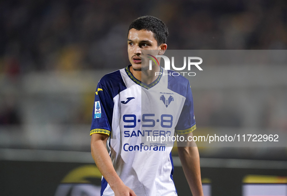 Reda Belahyane of Hellas Verona participates in the Serie A match between Lecce and Verona in Lecce, Italy, on October 29, 2024. 