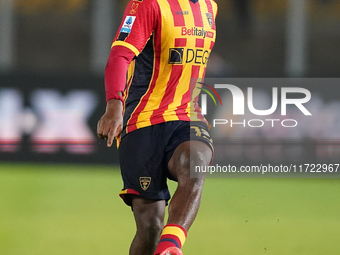 Patrick Dorgu of US Lecce is in action during the Serie A match between Lecce and Verona in Lecce, Italy, on October 29, 2024. (