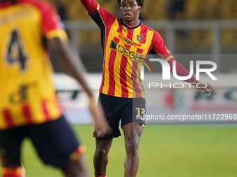 Patrick Dorgu of US Lecce is in action during the Serie A match between Lecce and Verona in Lecce, Italy, on October 29, 2024. (