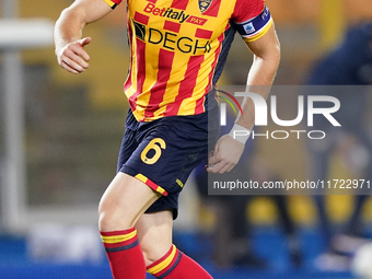 Federico Baschirotto of US Lecce is in action during the Serie A match between Lecce and Verona in Lecce, Italy, on October 29, 2024. (