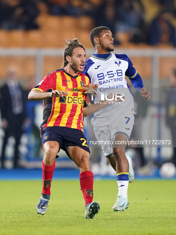 Antonino Gallo of US Lecce is in action during the Serie A match between Lecce and Verona in Lecce, Italy, on October 29, 2024. 