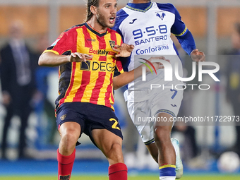 Antonino Gallo of US Lecce is in action during the Serie A match between Lecce and Verona in Lecce, Italy, on October 29, 2024. (