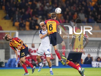 Federico Baschirotto of US Lecce is in action during the Serie A match between Lecce and Verona in Lecce, Italy, on October 29, 2024. (