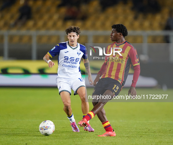 Patrick Dorgu of US Lecce is in action during the Serie A match between Lecce and Verona in Lecce, Italy, on October 29, 2024. 