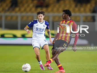 Patrick Dorgu of US Lecce is in action during the Serie A match between Lecce and Verona in Lecce, Italy, on October 29, 2024. (