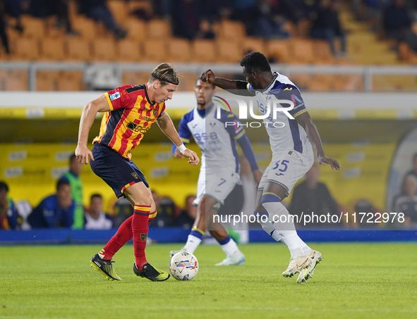 Federico Baschirotto of US Lecce is in action during the Serie A match between Lecce and Verona in Lecce, Italy, on October 29, 2024. 