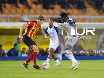 Federico Baschirotto of US Lecce is in action during the Serie A match between Lecce and Verona in Lecce, Italy, on October 29, 2024. (