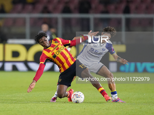 Patrick Dorgu of US Lecce is in action during the Serie A match between Lecce and Verona in Lecce, Italy, on October 29, 2024. 