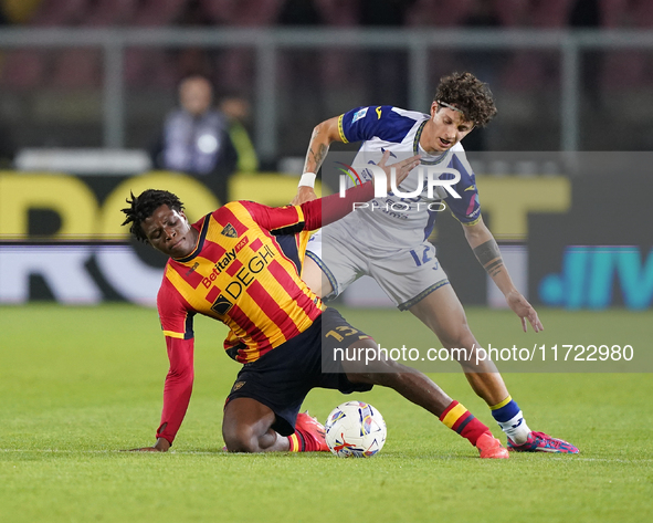 Patrick Dorgu of US Lecce is in action during the Serie A match between Lecce and Verona in Lecce, Italy, on October 29, 2024. 