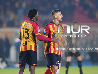 Ylber Ramadani of US Lecce gestures during the Serie A match between Lecce and Verona in Lecce, Italy, on October 29, 2024. (