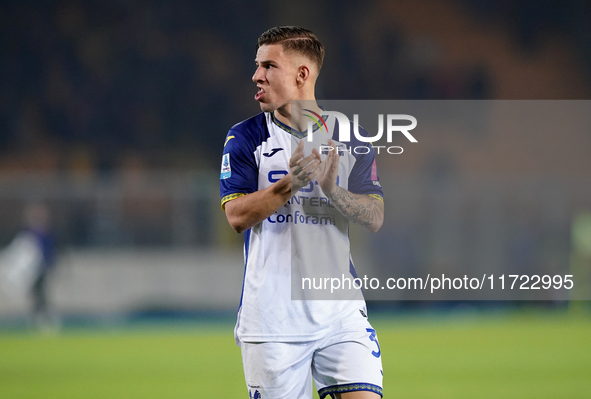 Players of Hellas Verona applaud the fans following the final whistle during the Serie A match between Lecce and Verona in Lecce, Italy, on...