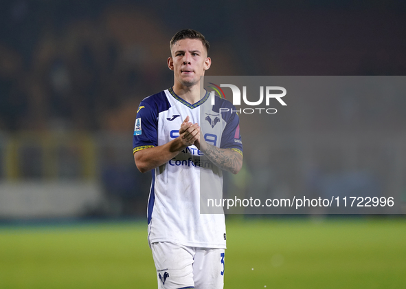 Players of Hellas Verona applaud the fans following the final whistle during the Serie A match between Lecce and Verona in Lecce, Italy, on...