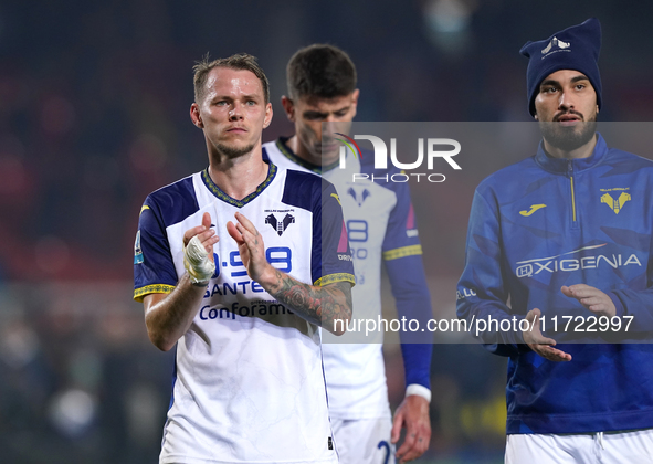 Players of Hellas Verona applaud the fans following the final whistle during the Serie A match between Lecce and Verona in Lecce, Italy, on...