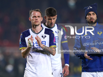 Players of Hellas Verona applaud the fans following the final whistle during the Serie A match between Lecce and Verona in Lecce, Italy, on...