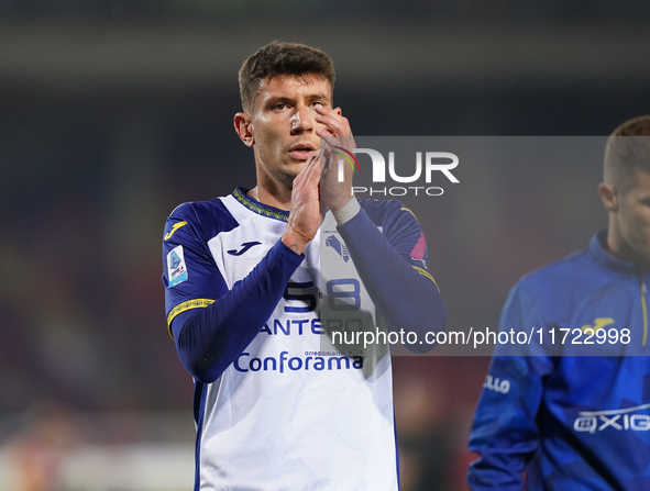 Players of Hellas Verona applaud the fans following the final whistle during the Serie A match between Lecce and Verona in Lecce, Italy, on...