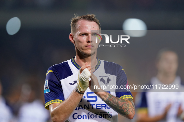 Players of Hellas Verona applaud the fans following the final whistle during the Serie A match between Lecce and Verona in Lecce, Italy, on...