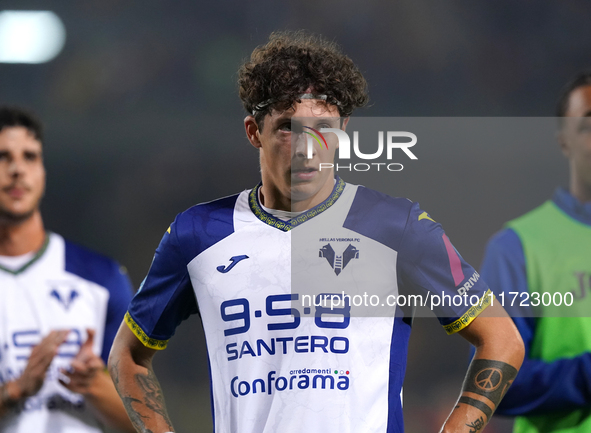 Players of Hellas Verona applaud the fans following the final whistle during the Serie A match between Lecce and Verona in Lecce, Italy, on...