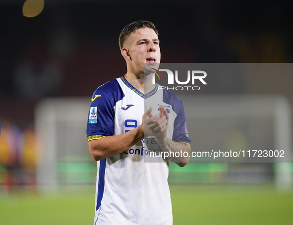 Players of Hellas Verona applaud the fans following the final whistle during the Serie A match between Lecce and Verona in Lecce, Italy, on...