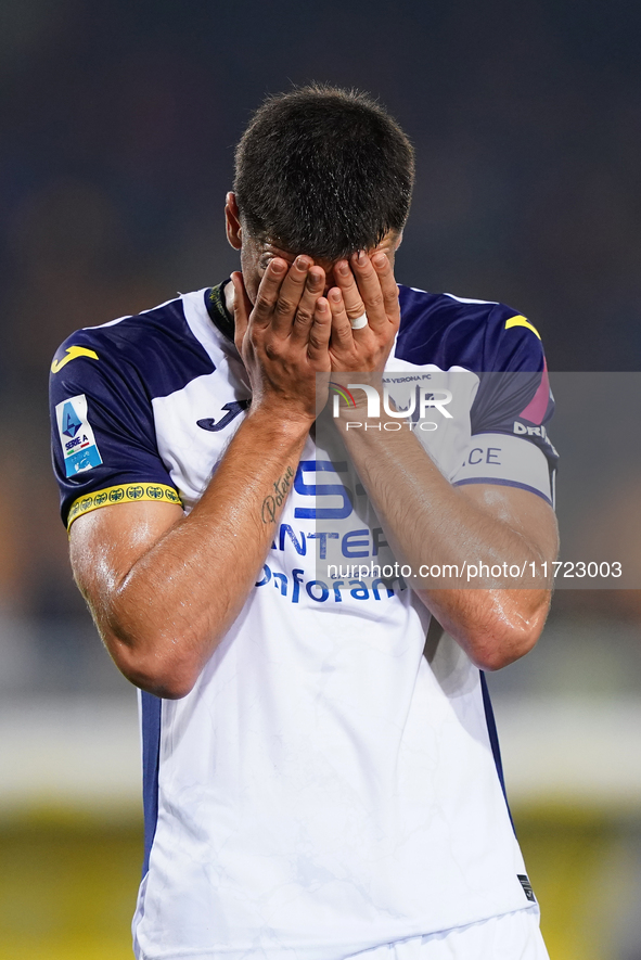 Players of Hellas Verona applaud the fans following the final whistle during the Serie A match between Lecce and Verona in Lecce, Italy, on...