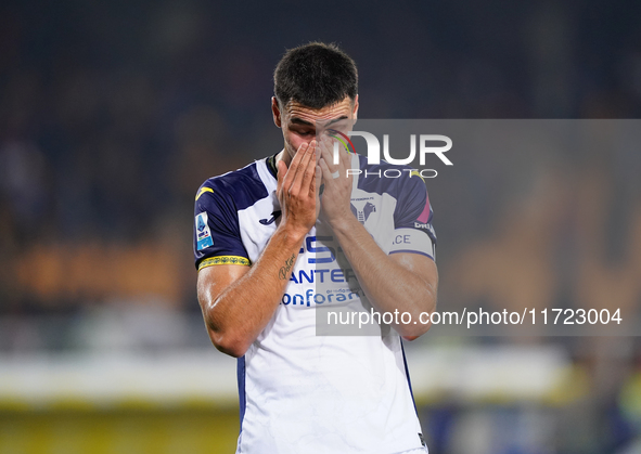 Players of Hellas Verona applaud the fans following the final whistle during the Serie A match between Lecce and Verona in Lecce, Italy, on...