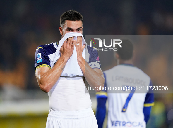 Players of Hellas Verona applaud the fans following the final whistle during the Serie A match between Lecce and Verona in Lecce, Italy, on...