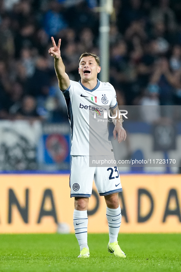 Nicolo' Barella of FC Internazionale gestures during the Serie A Enilive match between Empoli FC and FC Internazionale at Stadio Carlo Caste...