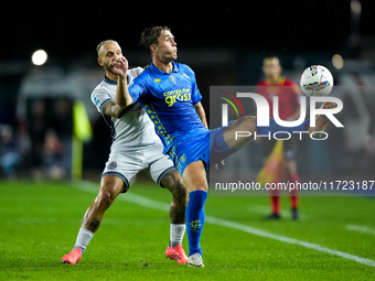 Federico Dimarco of FC Internazionale and Ola Solbakken of Empoli FC compete for the ball during the Serie A Enilive match between Empoli FC...