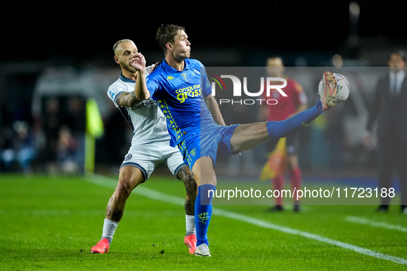 Federico Dimarco of FC Internazionale and Ola Solbakken of Empoli FC compete for the ball during the Serie A Enilive match between Empoli FC...