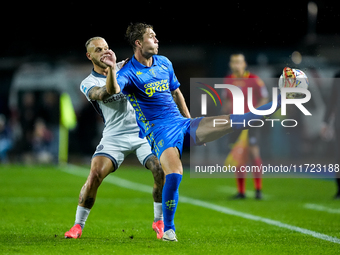 Federico Dimarco of FC Internazionale and Ola Solbakken of Empoli FC compete for the ball during the Serie A Enilive match between Empoli FC...