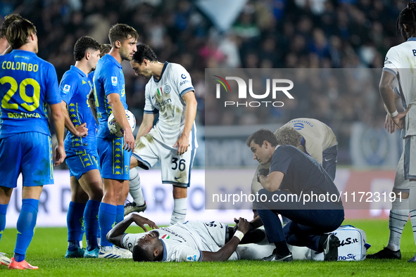 Marcus Thuram of FC Internazionale lies down injured during the Serie A Enilive match between Empoli FC and FC Internazionale at Stadio Carl...