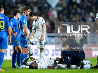 Marcus Thuram of FC Internazionale lies down injured during the Serie A Enilive match between Empoli FC and FC Internazionale at Stadio Carl...