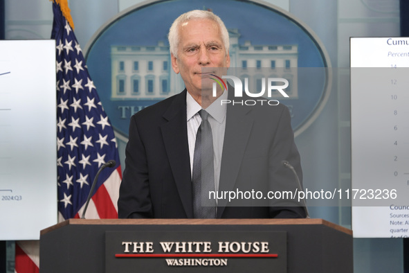 Chair of the Council of Economic Advisers Jared Bernstein speaks about the economic situation during a press briefing in Washington DC, USA,...