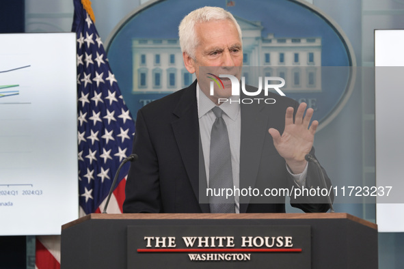 Chair of the Council of Economic Advisers Jared Bernstein speaks about the economic situation during a press briefing in Washington DC, USA,...