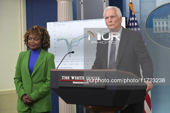 Chair of the Council of Economic Advisers Jared Bernstein speaks about the economic situation during a press briefing in Washington DC, USA,...