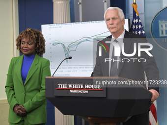 Chair of the Council of Economic Advisers Jared Bernstein speaks about the economic situation during a press briefing in Washington DC, USA,...