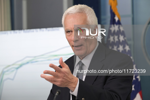 Chair of the Council of Economic Advisers Jared Bernstein speaks about the economic situation during a press briefing in Washington DC, USA,...