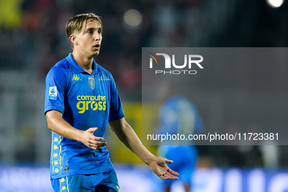 Jacopo Fazzini of Empoli FC reacts during the Serie A Enilive match between Empoli FC and FC Internazionale at Stadio Carlo Castellani on Oc...