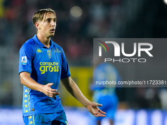 Jacopo Fazzini of Empoli FC reacts during the Serie A Enilive match between Empoli FC and FC Internazionale at Stadio Carlo Castellani on Oc...