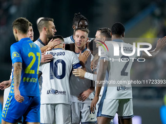 Davide Frattesi of FC Internazionale celebrates after scoring second goal during the Serie A Enilive match between Empoli FC and FC Internaz...