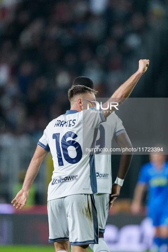 Davide Frattesi of FC Internazionale celebrates after scoring second goal during the Serie A Enilive match between Empoli FC and FC Internaz...